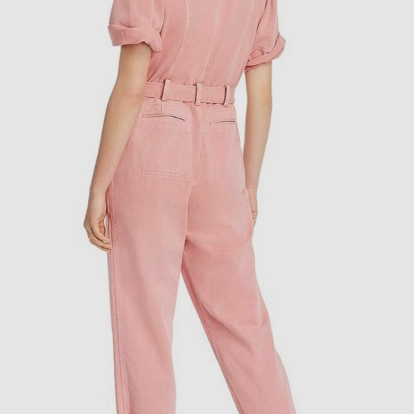 Lini Women's Pink Denim Ruffle V-Neck Short-Sleeve Belted Crop Jumpsuit M - Picture 4 of 6